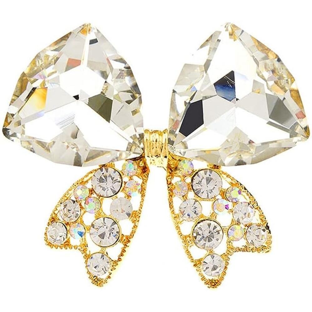 Brooch Clear Rhinestone‎ Bow with Gold Trim